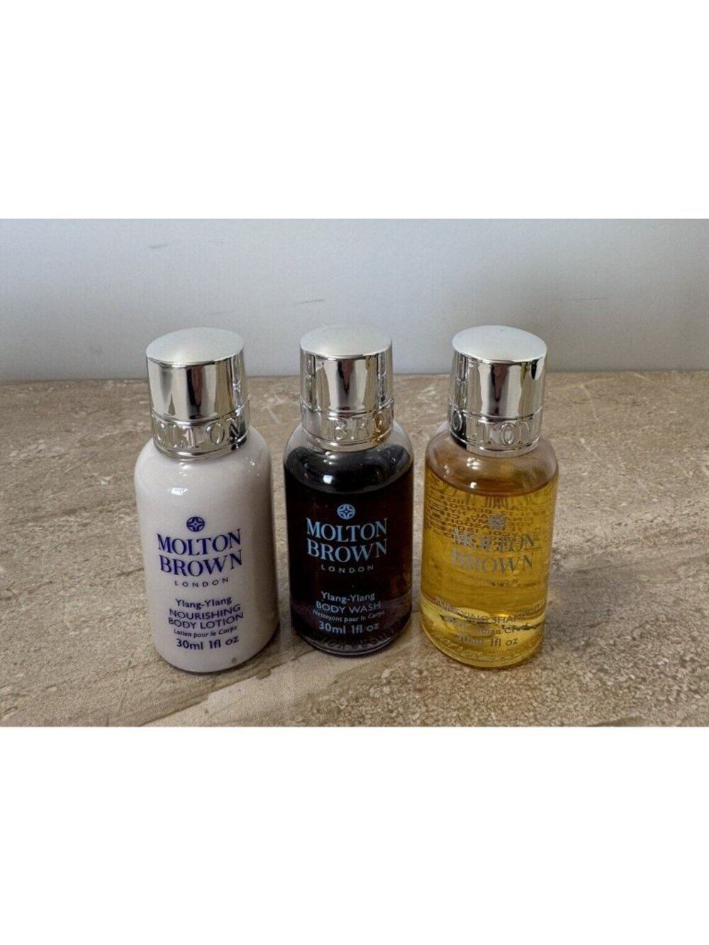 Set of 3 MOLTON BROWN Ylang Ylang Wash Lotion Shampoo Mini Travel Size 30ml/1oz.